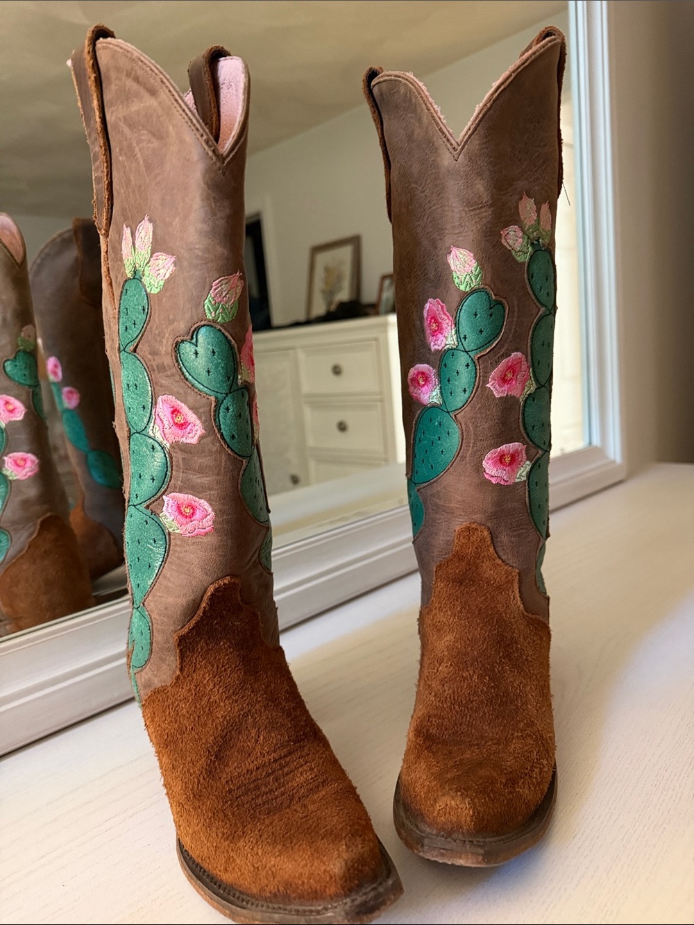 Brown Suede & Leather Western Boots with Green Cactus & Pink Flower Embroidery 🌸